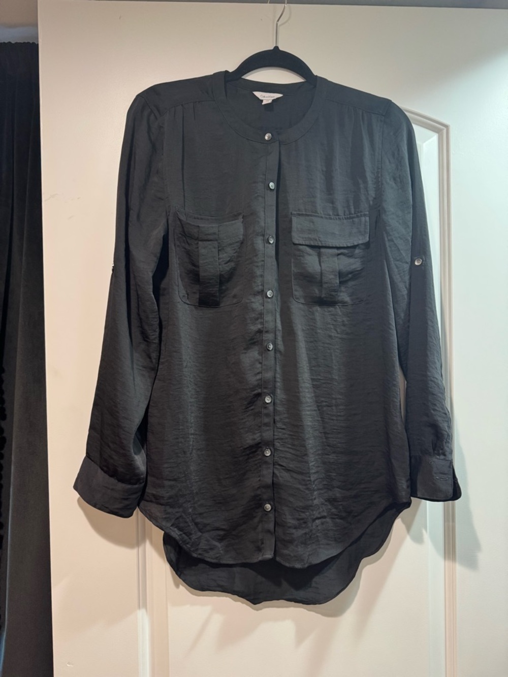 Calvin Klein satin Black Crewneck Button Shirt